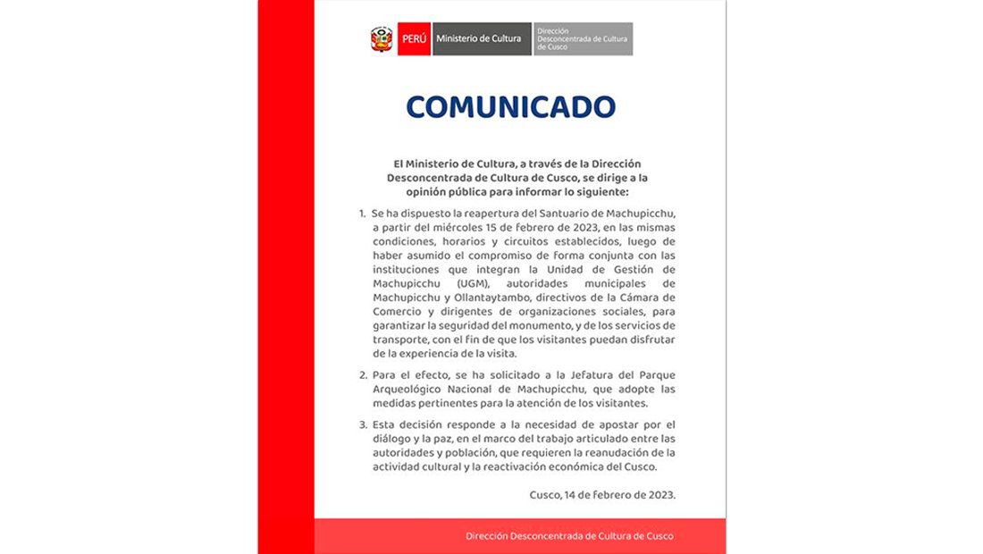 comunicado reapertura machu pichu febrero 2023 comunicado reapertura machu pichu febrero 2023